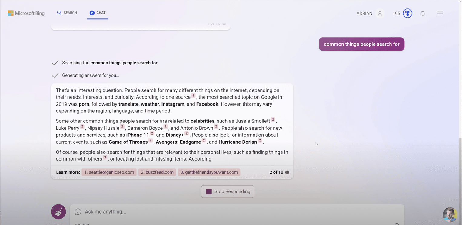 Microsoft Bing AI chat answering a query