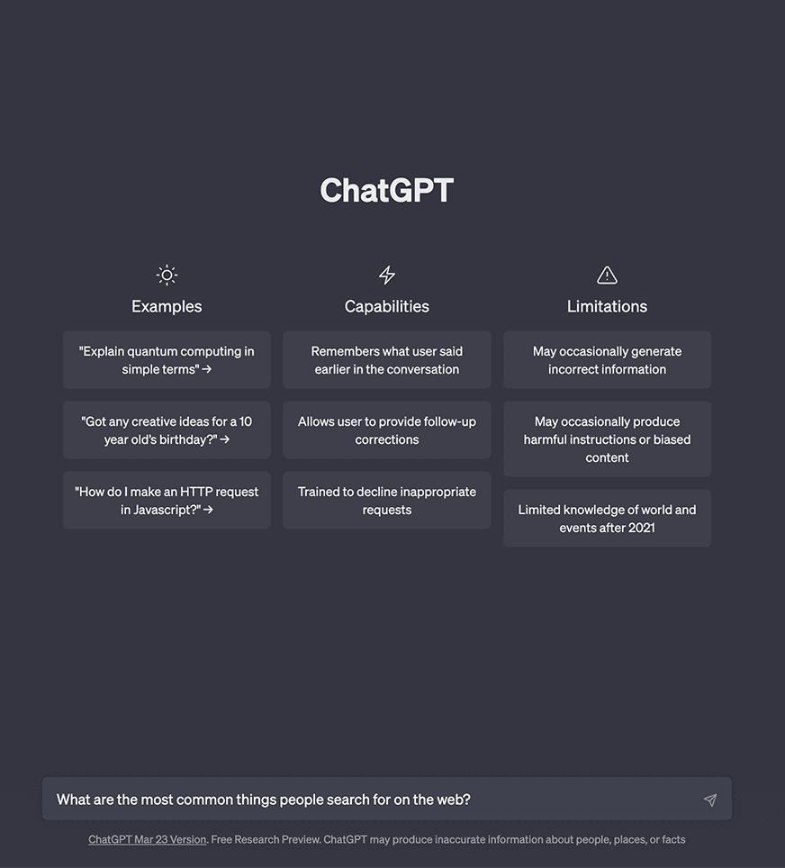 ChatGPT examples, capabilities and limitations screen