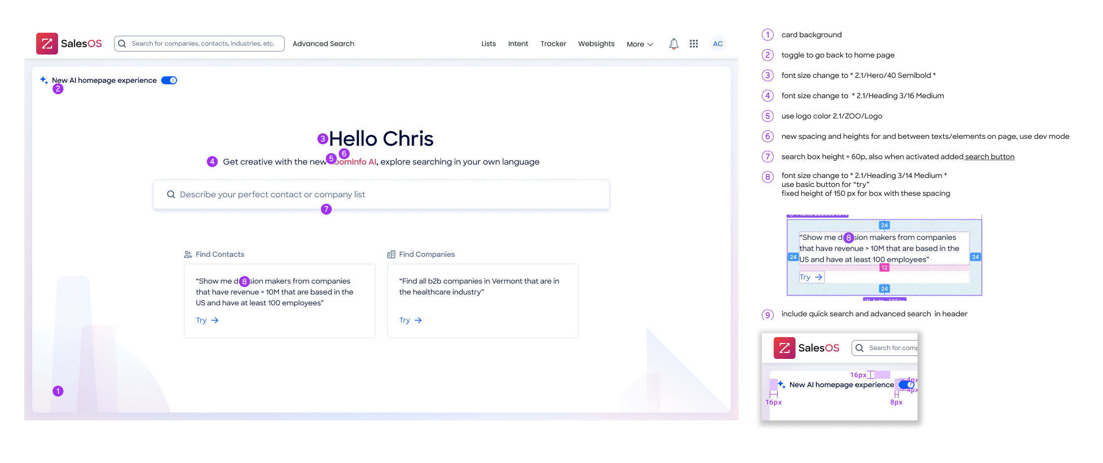 Developer handoff — annotated specs and redlines for the search experience
